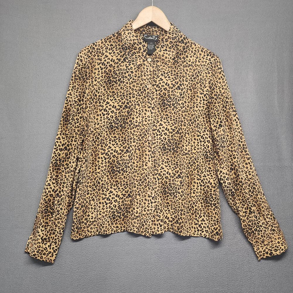 Color FX Top Womens Large Animal Print 100% Silk Long Sleeve Button Up Neck Tie
